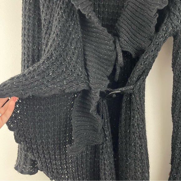 SAY WHAT? Vintage Y2K 2000 Black Crochet Knit Asymmetrical Hem Cardigan Sweater - Picture 7 of 14